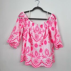 Lilly Pulitzer Cotton Pink Embroidered Off-Shoulder Top women’s XL Preppy *flaw